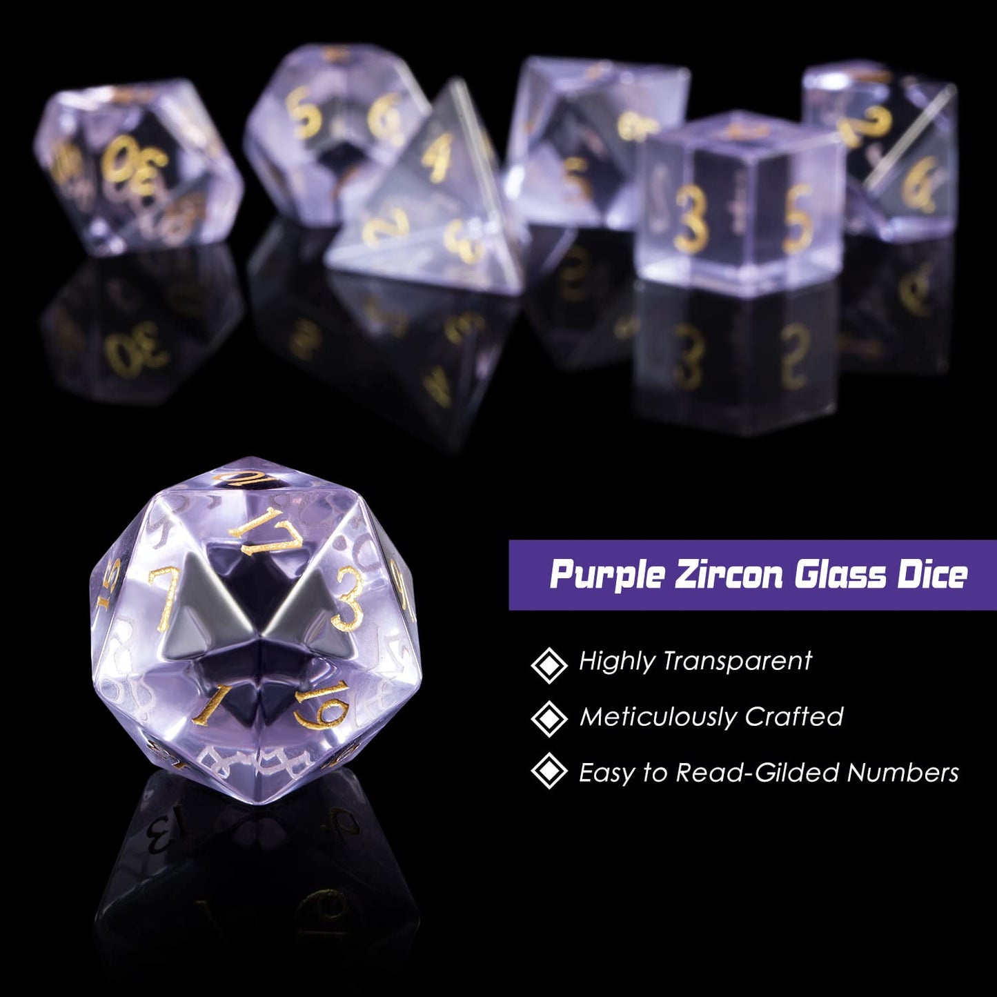 D&D Dice DNDND 7 Piece Zircon Glass Dice Set with Great Gift Box for Dungeons and Dragon DND Tabletop Game (Purple Glass with Gold Num)