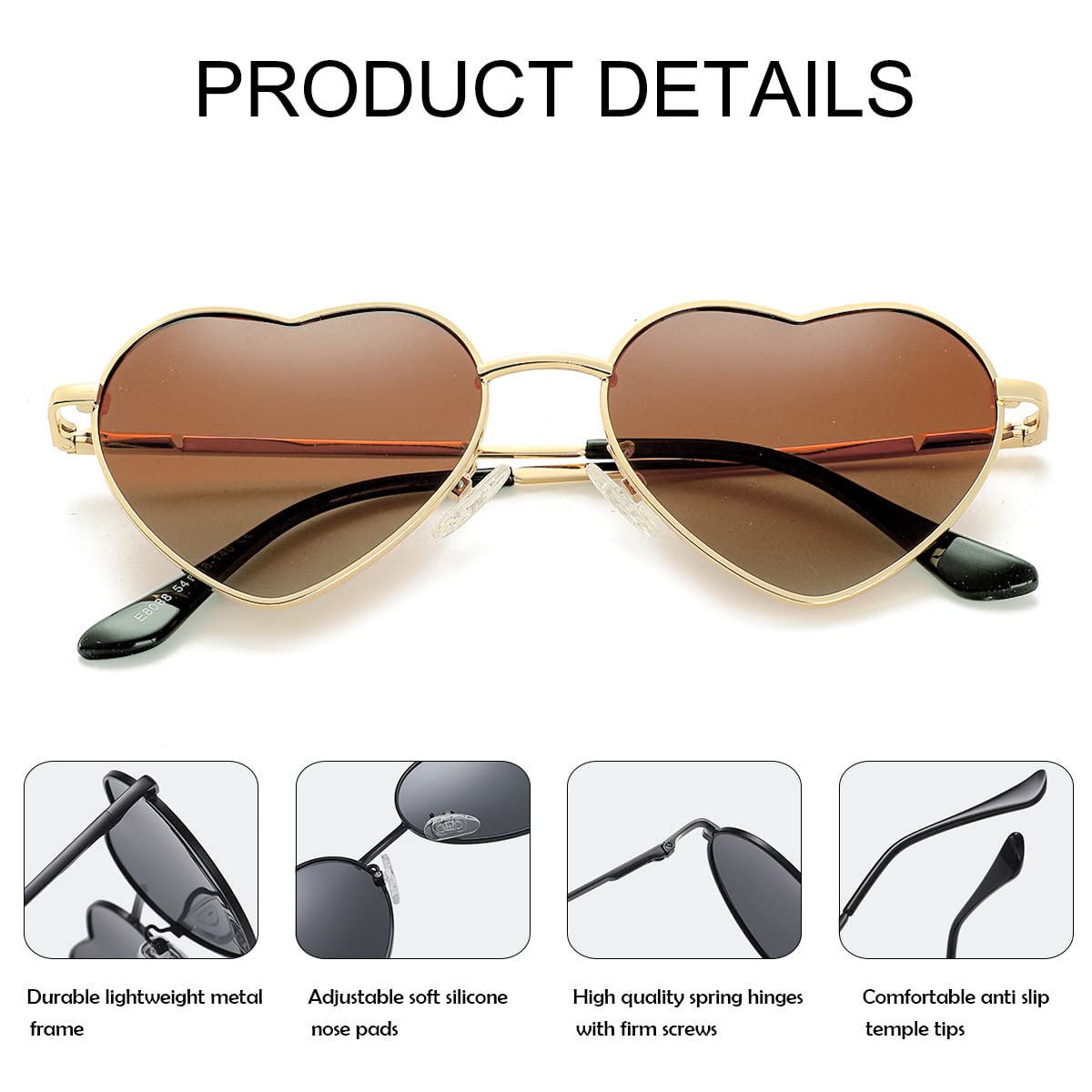 Polarized Heart Sunglasses for Women Fashion Lovely Style Metal Frame UV400 Protection Lens (Gold/Gradient Brown)