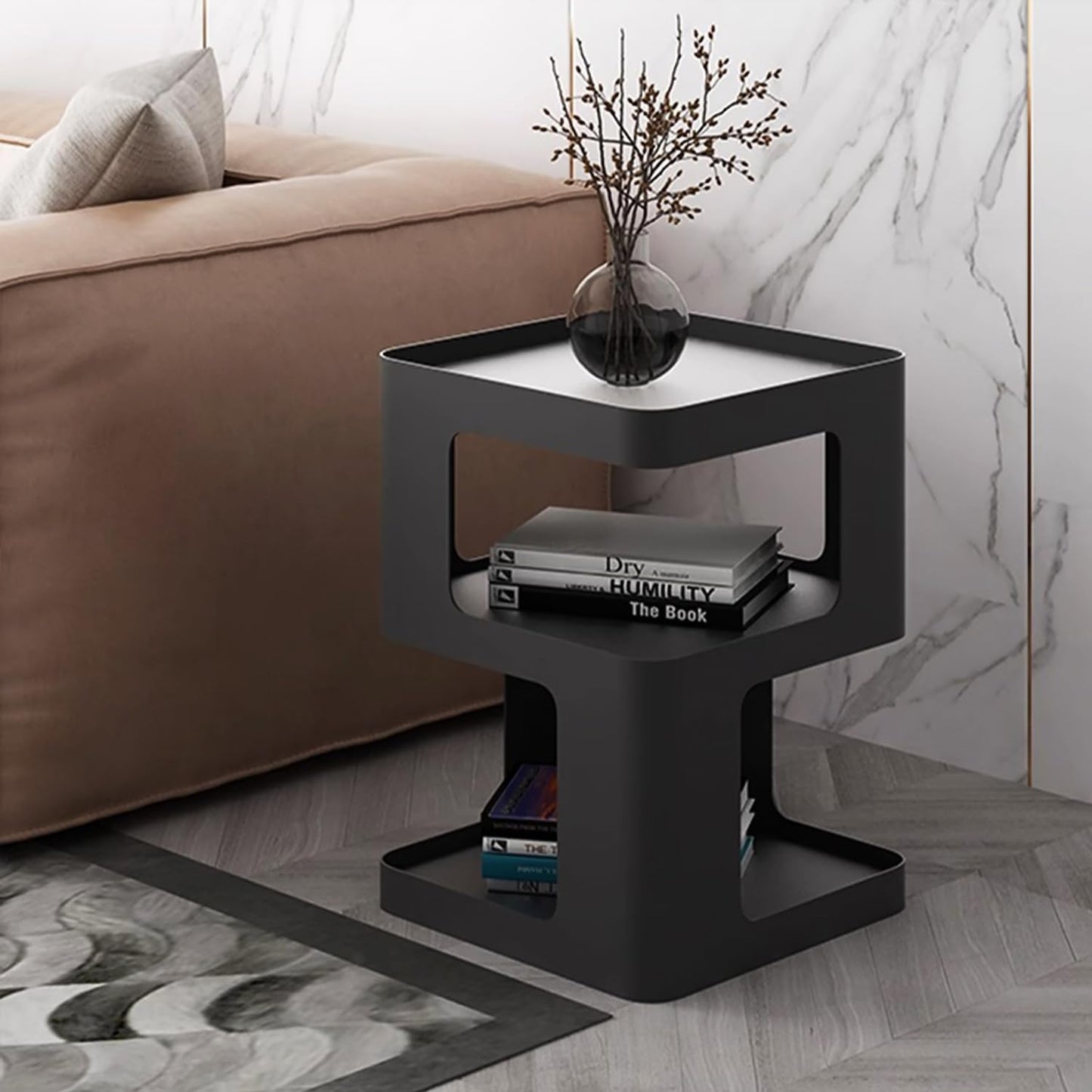BUZUEY Side Table,Modern end Table,Black Metal nightstand,Bedside Tables,Accent Table with Storage for Living Room Bedroom entryway Couch,no Assembly Required,Unique Furniture.