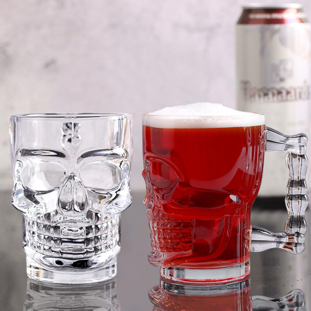 Hacaroa 6 Pack 17 Oz Skull Glass Beer Mug with Handle, Father's Day Gift Heavy Base Drinking Tiki Glasses, Clear Funny Beer Stein Cup for Whiskey, Wine, Juice, Bar, Halloween Decorations Gifts