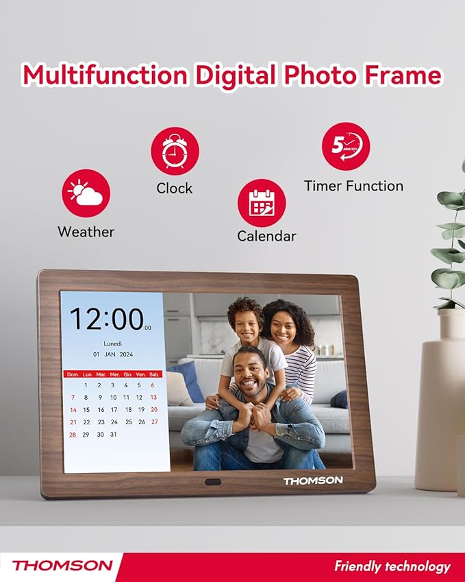 THOMSON 8" Digital Picture Frame, 1280 * 800 IPS Full View Ultra Clear Screen with Remote Control, Wooden Frame, Share Videos Photos Send Wishes Auto-Rotate Slideshow Non-WiFi (8 Inch Non-WiFi)