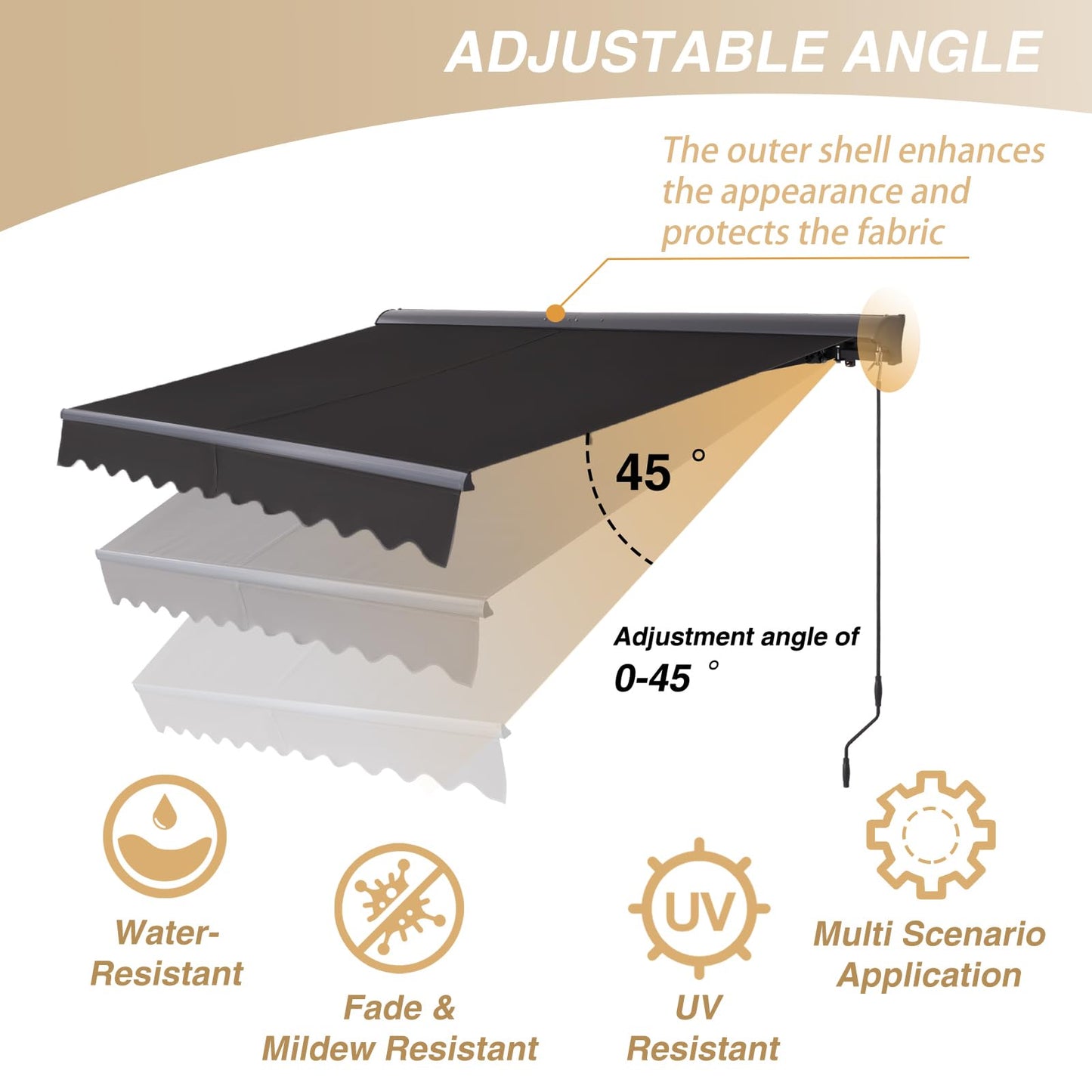 Retractable Awnings for Patio Manual Sun Shade Awning Cover| Waterproof UV Resistant Coating | Double Stranded Steel Installation Bracket (Dark Gray+ Protective Case, 10‘×8’)