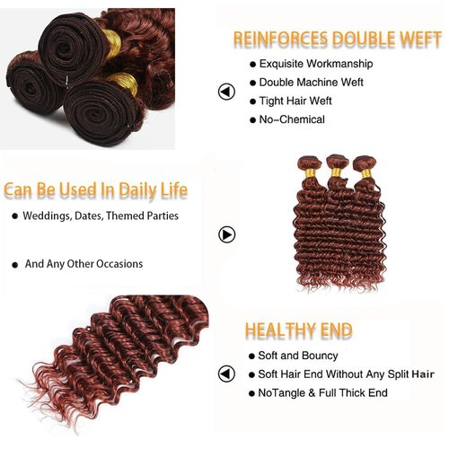 Giginger Bundles Human Hair 20 22 24 Inch Reddish Brown Deep Wave Bundles Color 33 Human Hair Deep Wave Unprocessed Quick Weave Soft Sewn In Hair Extensions for Black Women