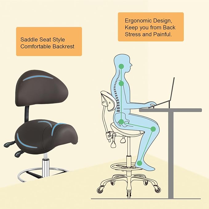 Nazalus Saddle Stool Chair with Back Support Footrest, Heavy-Duty(350LBS), Hydraulic Rolling Swivel Adjustable Stool Chair for Salon Spa Beauty Massage Dental Clinic Home Office Use(Coffee)