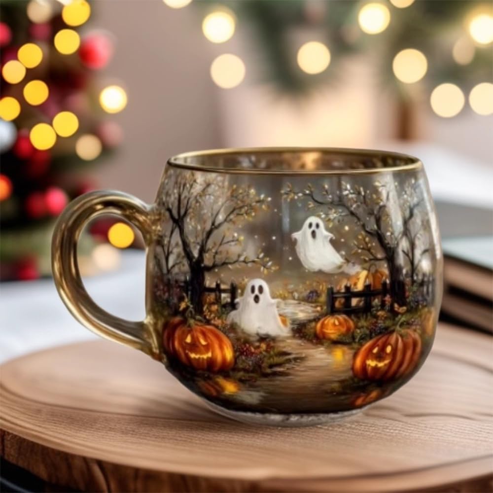 Haunted Path Halloween Mug – Cute Ghost Pumpkin Glass Coffee Cup, Spooky Season Personalized Halloween Coffee Cup with Fall Foliage (1pcs)