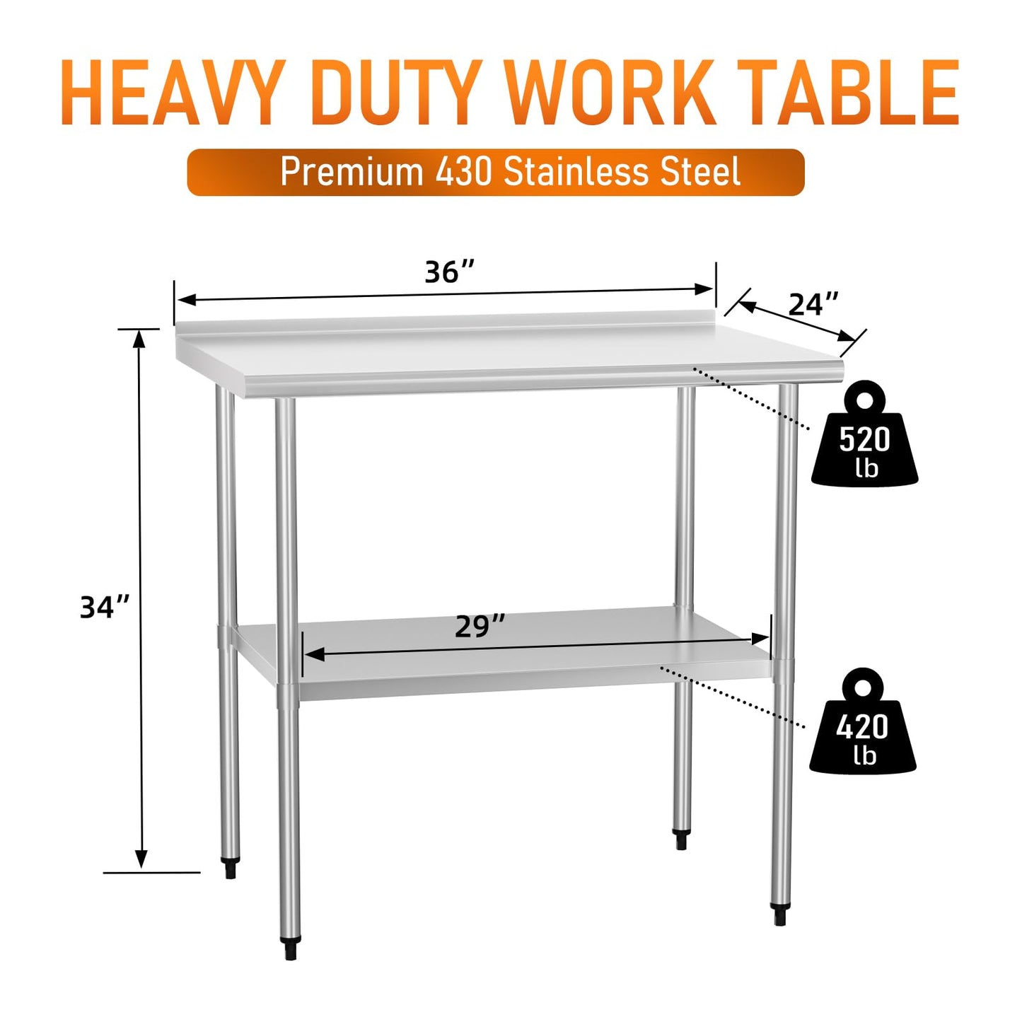 HOCCOT Stainless Steel Table 24" x 36" with Adjustable Undershelf and Backsplash, Commercial Metal Workstations for Kitchen, Garage, Outdoor BBQ