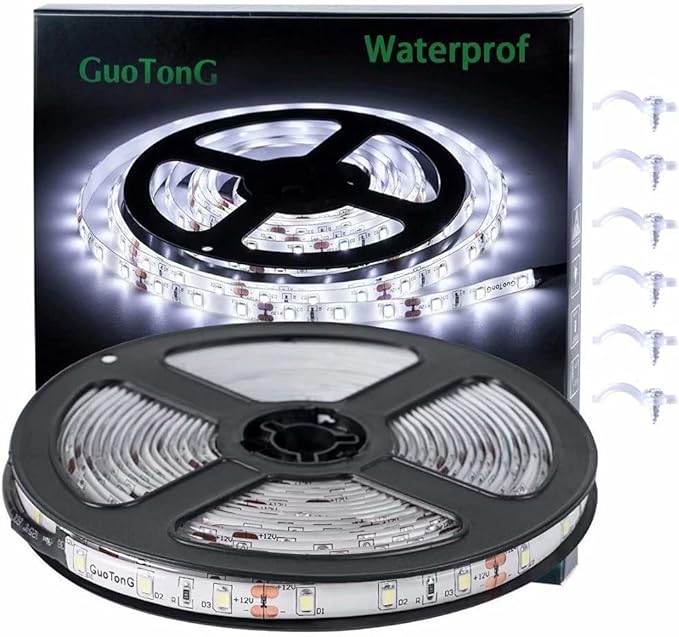 GUOTONG White LED Strip Lights, Waterproof cuttable 300 SMD 2835 LED Tape, 6000K 12V 16.4ft/5m Flexible Ribbon, Kitchen Ca...