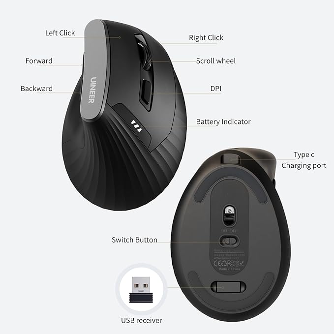 Uineer Ergonomic Wireless Mouse,Bluetooth Vertical Mouse with BT5.0/4.0/2.4G, Rechargeable with Battery Indicator,Ergonomic Design for Comfort and Reduced Wrist Strain for Home,Office Use,Black