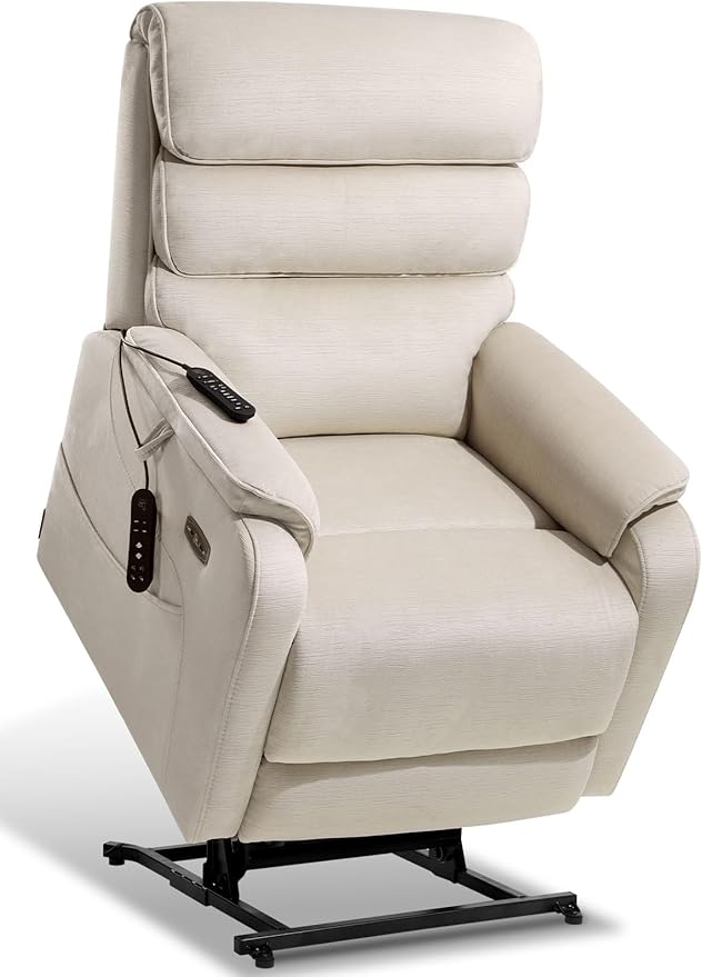 EONIX Dual Motor Lay Flat Power Lift Recliner Chair for Elderly, Chenille Fabric Electric Lift Chairs for Adults, 400lbs Heavy Duty Power Recliner with Heat Massage Charging Ports, Chenille White