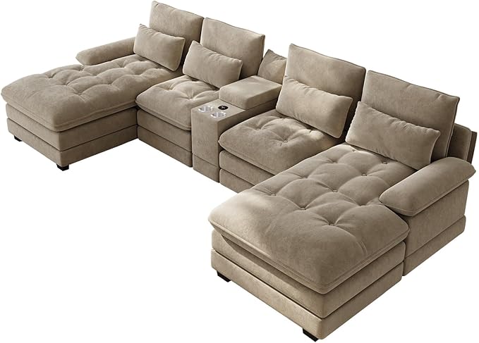 BEQAI 134"U Shaped Sectional Couches for Living Room,Oversized Modular Sectional Fluffy Couch with Chaise Lounge & Tufted Buttons,Modern Chenille 6 Seat Living Room Sofa Set with Storage Console,Camel