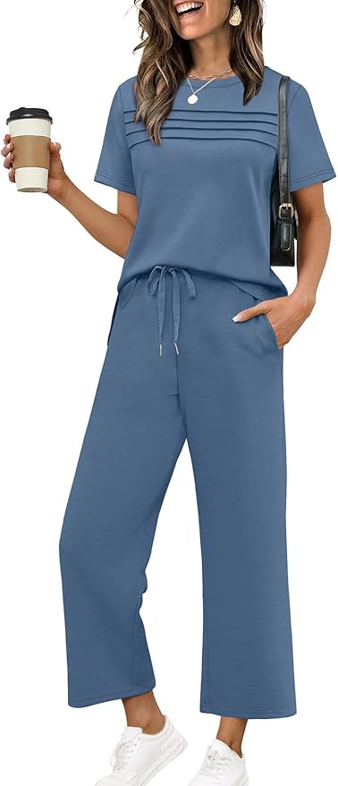 WIHOLL Two Piece Sets for Women Summer Travel Vacation Outfits Short Sleeve Lounge Sets Side Slit Wide Leg Pants S-3XL