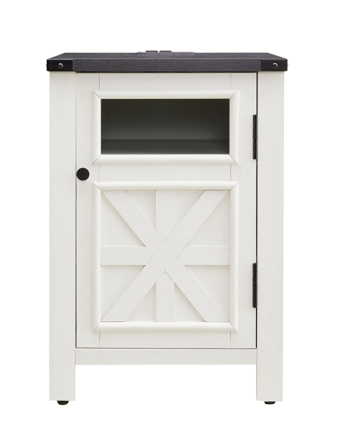 JXQTLINGMU Farmhouse End Table with Charging Station, 18'' Rustic Nightstand with Barn Door & Adjustable Shelf, Wooden Sofa Side Table with 3-Tier Storage for Living Room, Bedroom, White