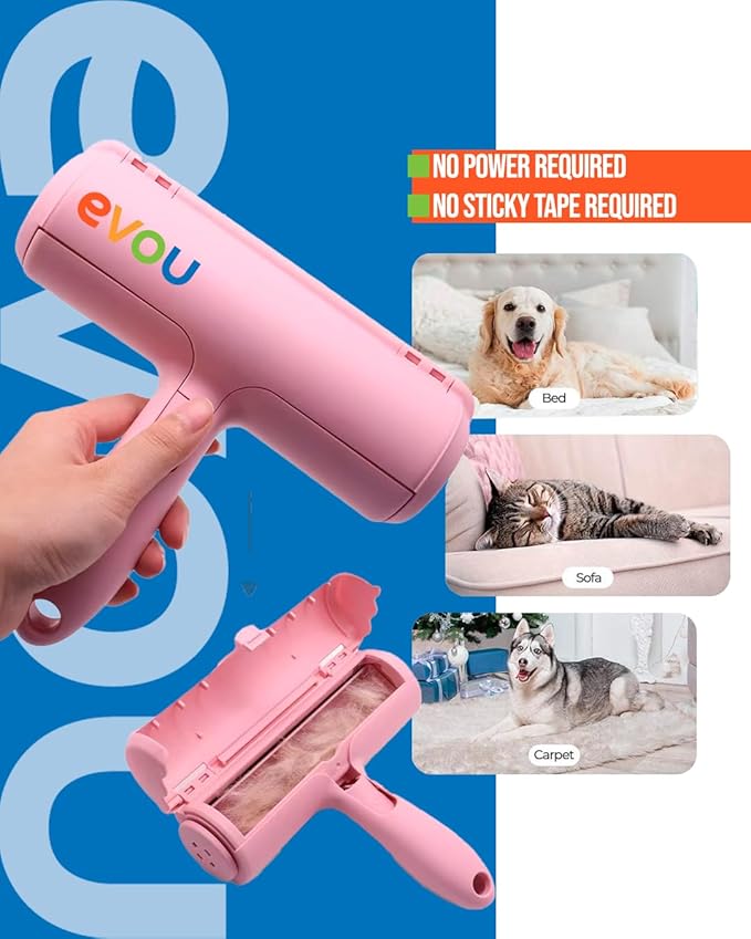 Evou Pet Hair Remover (Cat and Dog), Reusable Lint Roller for Furniture, Couch, Carpet, Car, Clothing and Bedding, Portable, Multi-Surface Fur Removal Tool (Pink)