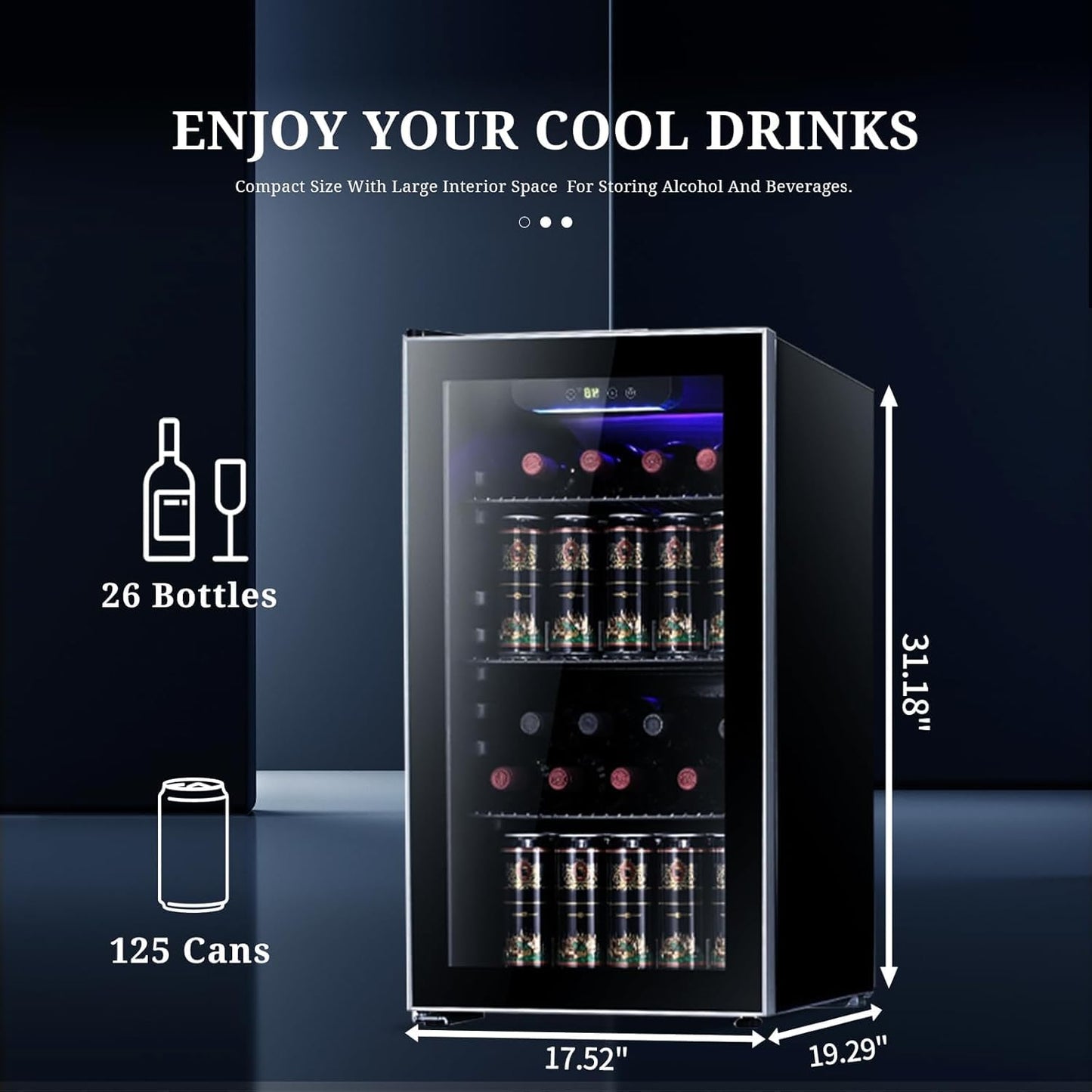 Antarctic Star Wine Cooler 26 Bottle Mini Fridge Drink Refrigerator Small Beer Soda Glass Door Quiet Compressor Freestanding 3.15 Cu.Ft