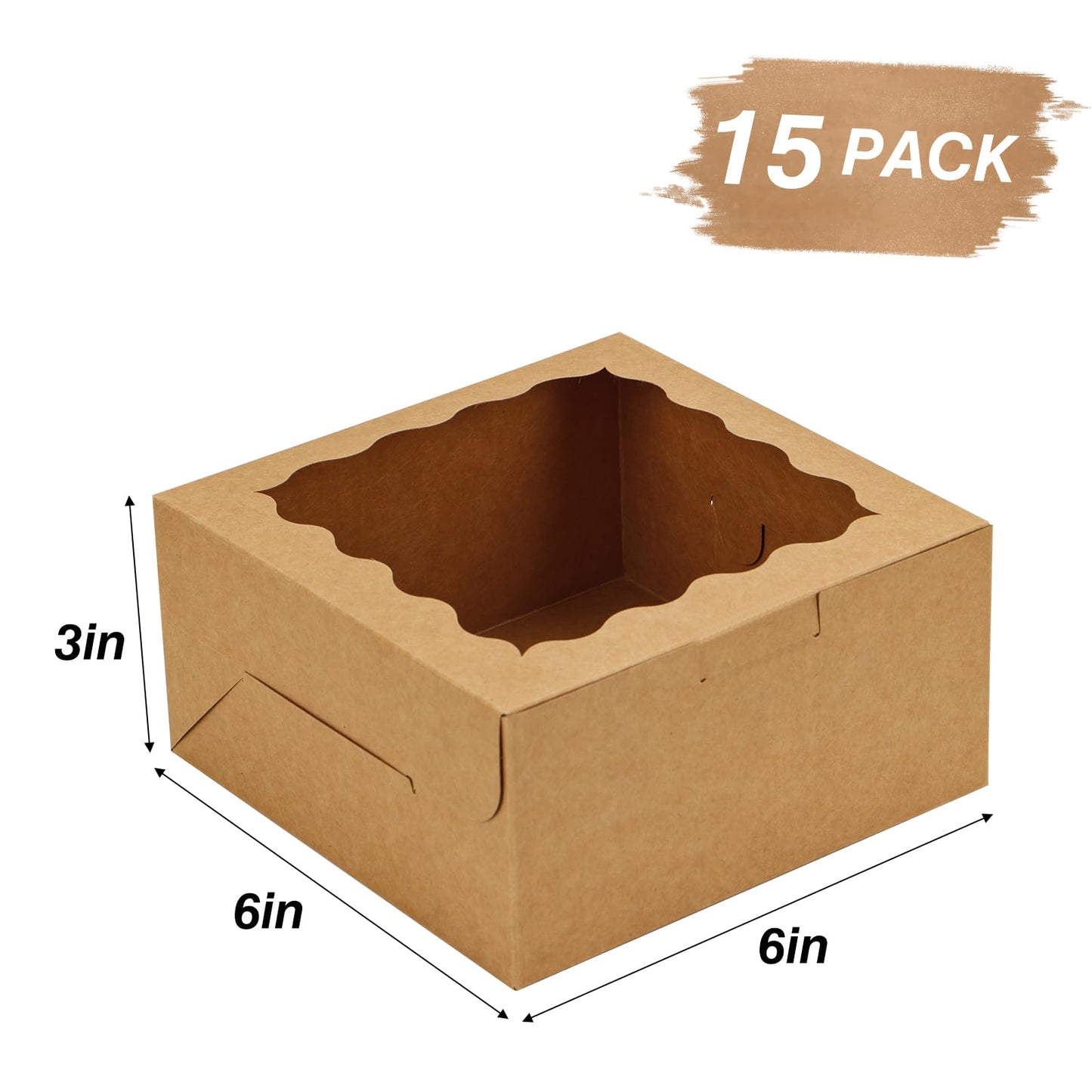 Moretoes 15pcs Cookie Boxes with Window, 6x6x3in Brown Bakery Boxes for Treats, Small Cake, Desserts, Donuts, Pastry