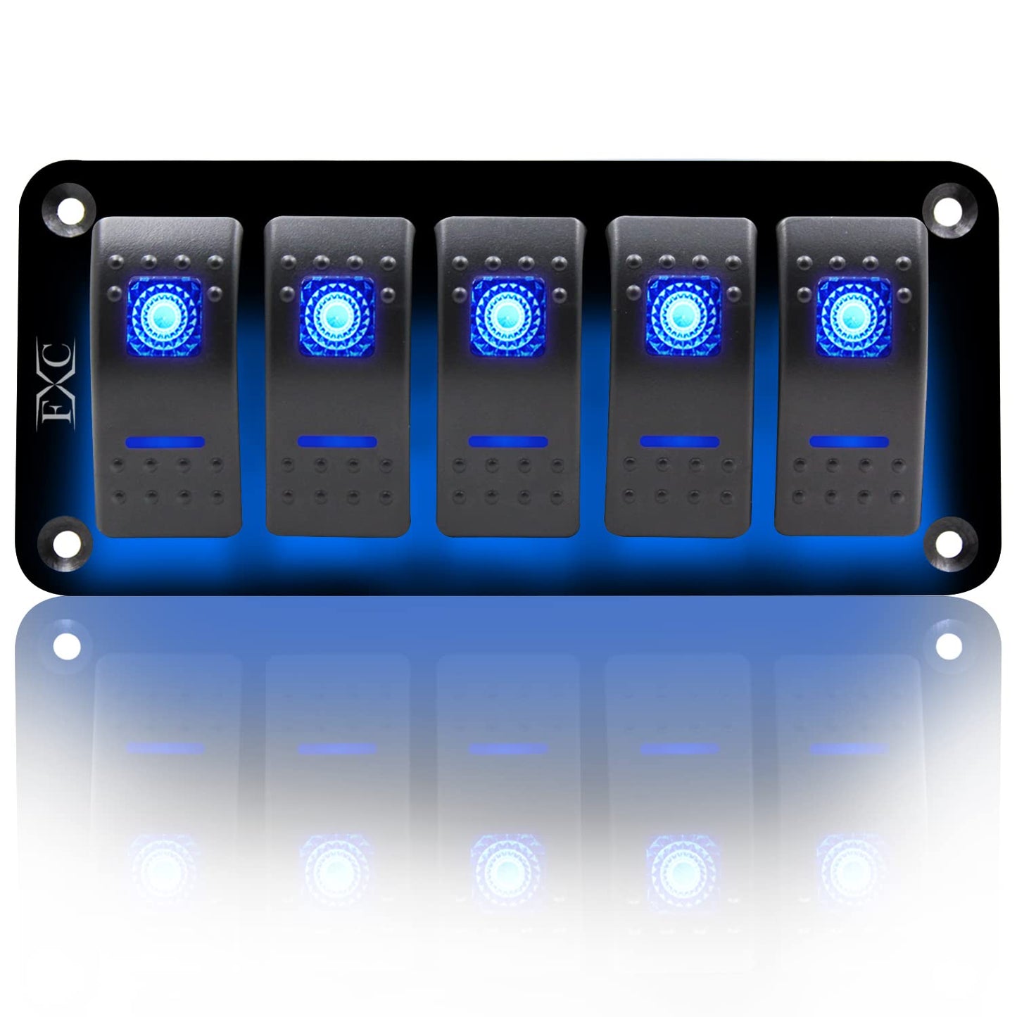 Fxc Rocker Switch Aluminum Panel 5 Gang Toggle Switches Dash 5 Pin On/Off 2 Led Backlit For Boat Car Marine Blue