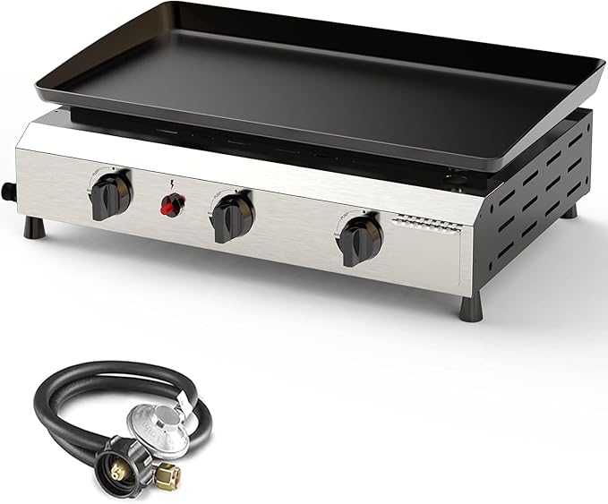 ADREAK 3 Burner BBQ Gas Griddle, 25.6 Inch Stainless Steel Tabletop Portable Propane Griddle, 30,000 BTU Flat Top Grill fo...