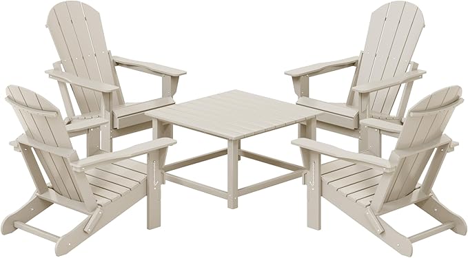 Costaelm Patio Conversation Set, 5 Piece Balcony Furniture, Small Patio Firepit Furniture Outdoor Adirondack Square Coffee Table and Chair for Backyard Lawn Porch Pool Garden, Sand