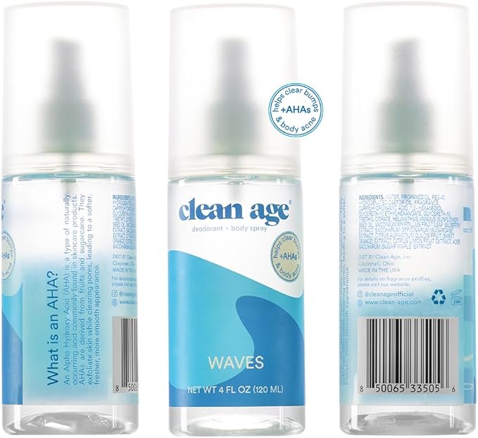 Aluminum Free Deodorant & Body Spray for Whole Body - Waves 4oz (2 Pack) Clean Deodorant and Body Spray for Teen Boys and Girls - With AHA For Body Acne - Body Spray for Teens Formula