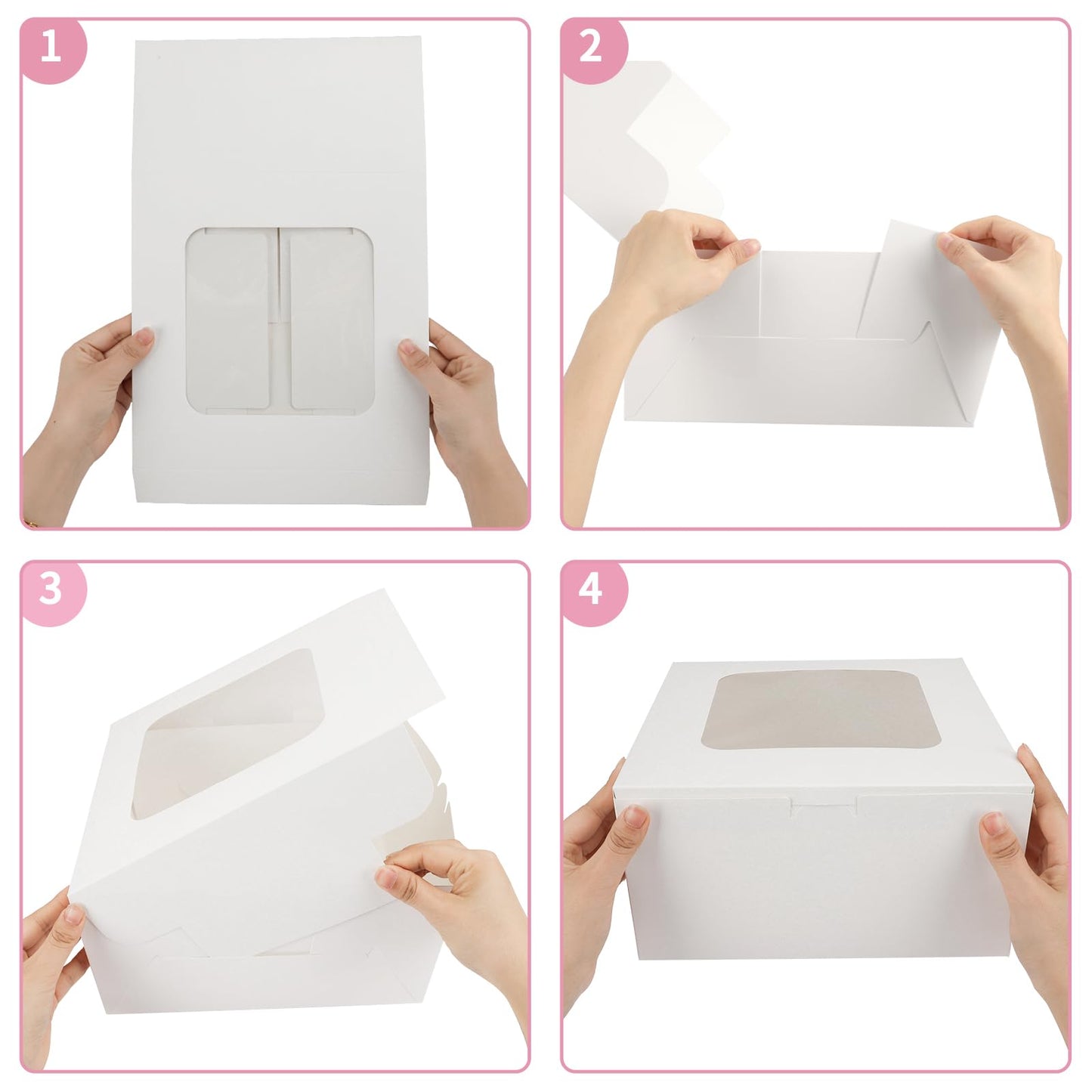 Moretoes 24pcs Cake Boxes, 10x10x5 Inches White Square Bakery Boxes with Window Cajas Pasteles for Cake, Mother's Day, Pastries, Chocolates, Cookies, Pie, Birthday Party, Wedding
