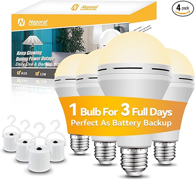 Neporal LITE PRO Rechargeable Light Bulbs, 2600mAh Large Battery Backup Light Bulbs, Perfect As Emergency Lights for Home, Hurricane Prepareness Item, E26/E27