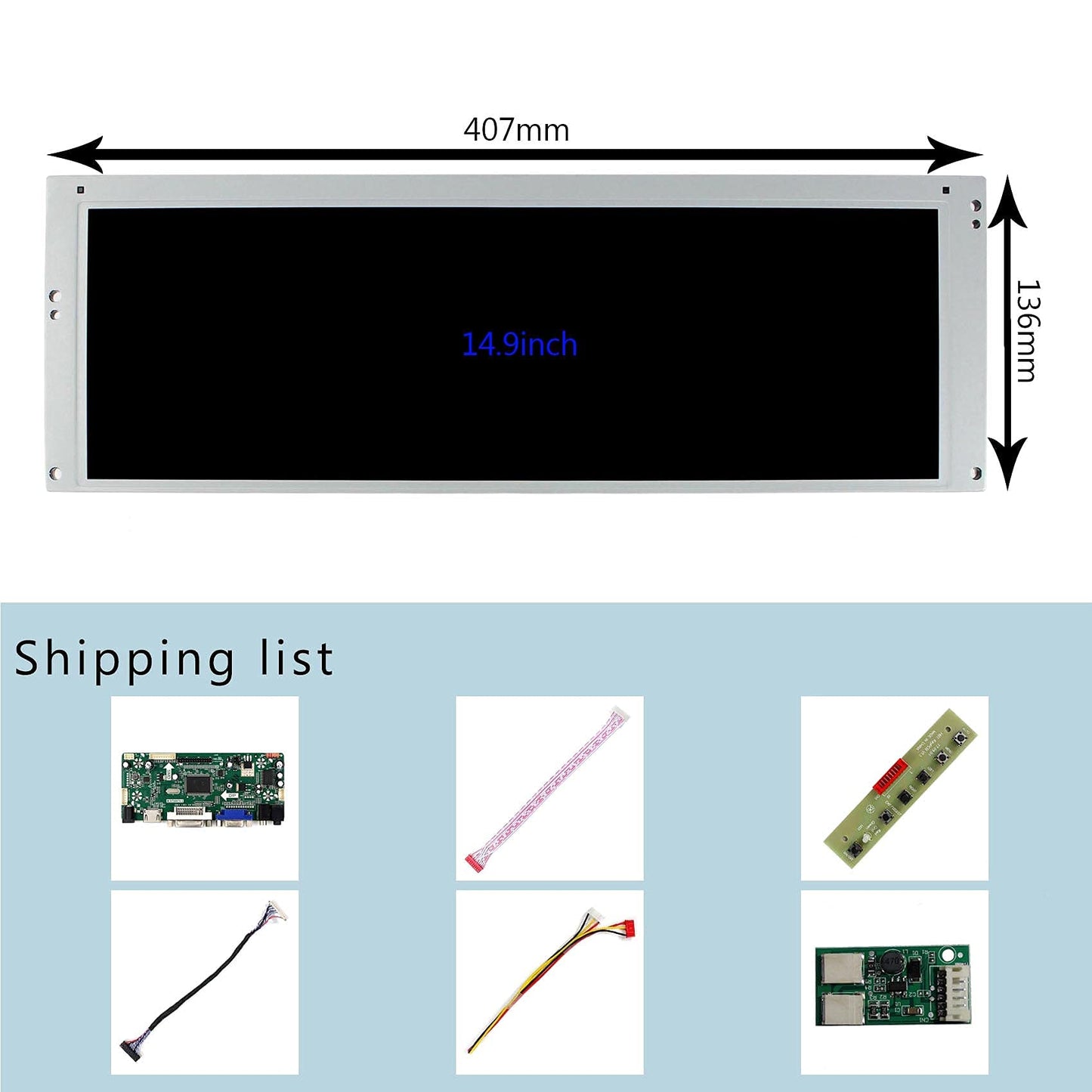 VSDISPLAY 14.9" 1280x390 LCD Screen LTA149B780F with DVI VGA Audio Controller Board 68676, for DIY Cabinet/Car Gauge Cluster/Digital Marquee Monitor
