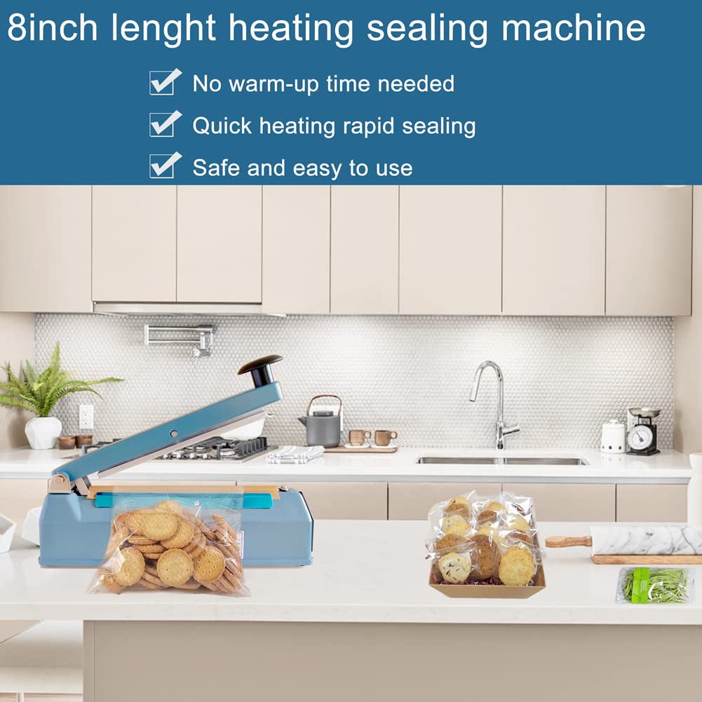 Impulse Heat Sealer 8 Inch 5mm Mylar Bag Sealer Heat Seal Machine, 110v Manual Heat Sealer for Plastic/Poly/Cookie Bags, 8 Replacement Parts & Teflon Cloth Strip(2 Round Cutter Lines Included)