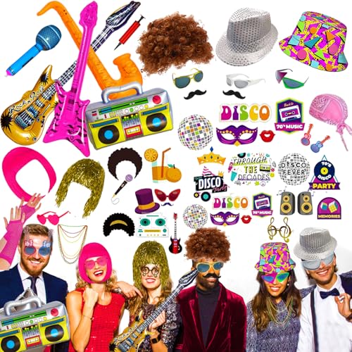 50 Pcs Rock Party Photo Booth Props Set for Adults, Funny Rock Star Party Sunglasses, Hats, Wigs, Inflatable, Photo Booth ...