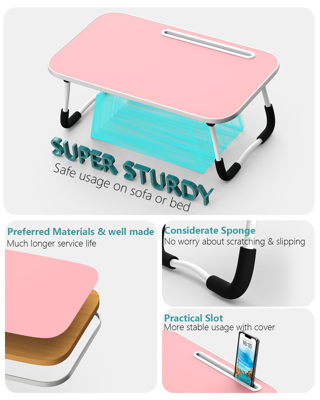 Foldable Lap Desk with Tablet Slot, Portable Laptop Desk for Bed, Lightweight Bed Table for Working Writing Reading Drawing Eating on Couch Floor, Pink (20.8"×11.8")