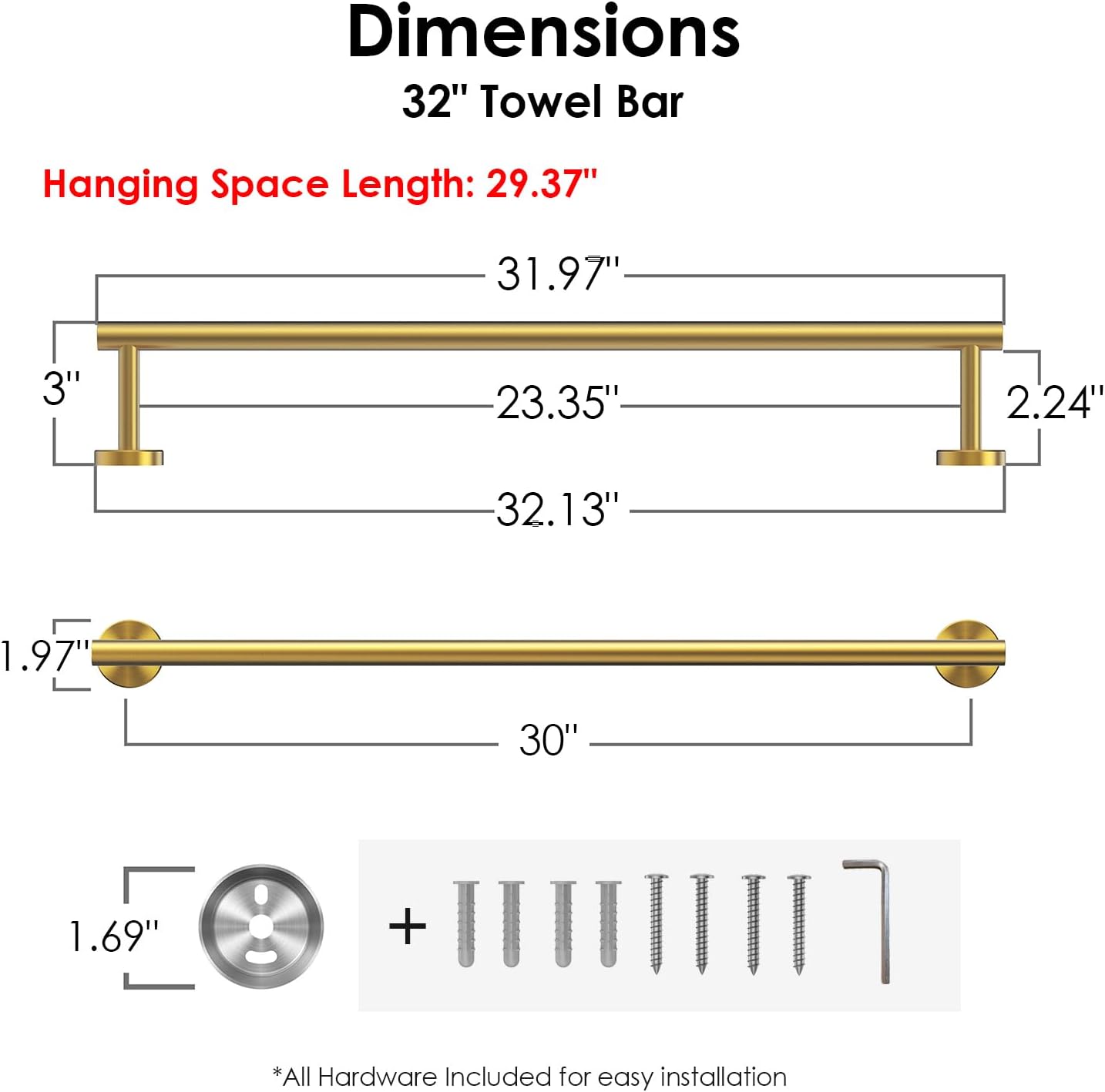 FORIOUS Towel Bar Wall Mounted, Stainless Steel Towel Racks for Bathroom, Includes Wall Mounting Hardware (Brushed Gold, 32 Inch)