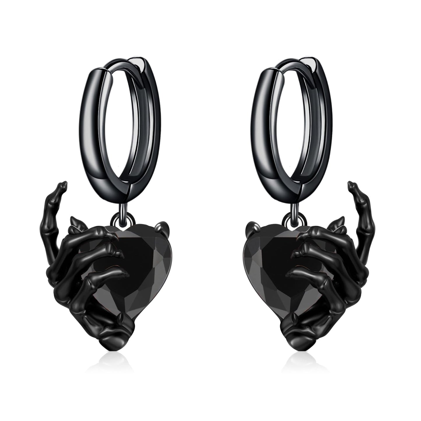 OHAYOO Skeleton Hand Earrings 925 Sterling Silver Skull Huggie Hoop Earrings Halloween Drop Dangle Earring Gothic Jewelry Gifts for Women Men-Black