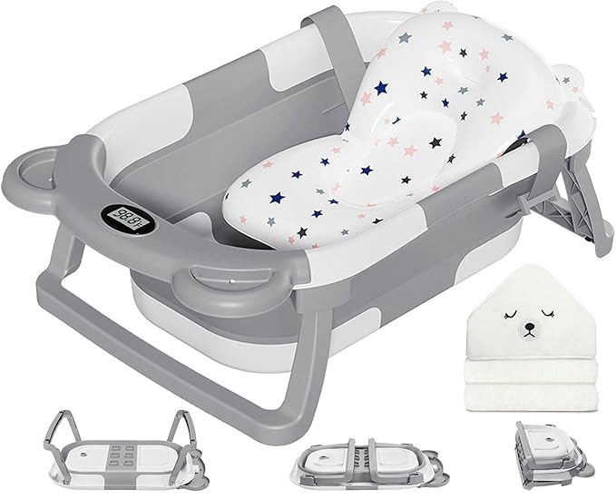 MoreFeel Collapsible Baby Bathtub for Newborn with Thermometer & 1 Hooded Towel & 1 Soft Floating Cushion,Portable Travel ...