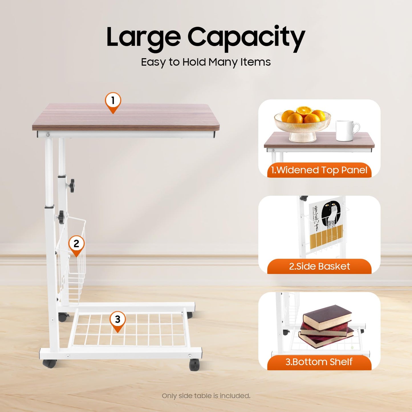 UIdili Height Adjustable Sofa Side Table with Wheels, Removable Storage Basket and Shelf, Portable End Table Couch Table with Locking Casters, Antique Oak Mobile Desk for Living Room, Bedroom