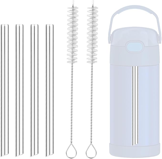 4pcs Metal Straws for THERMOS FUNTAINER 12oz Kids Bottle, Reusable 12.7cm/5in Short Stainless Steel Straws with 2pcs Cleaning Brushes for Cocktails Small Glasses and Cups