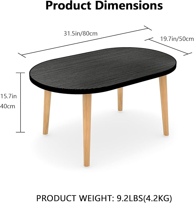 Funecy Oval Coffee Table Low Table with 4 Solid Wood Sturdy Legs, Floor Table Desk for Sitting on The Floor, Storage and Living Room Furniture (Black)