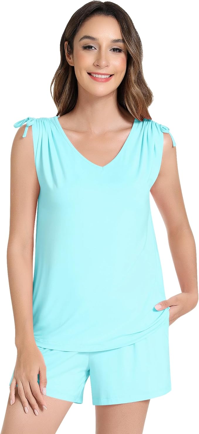NACHILA Pajamas for Women-Viscose from Bamboo, Ribbed Racerback Tank Top Sexy Split Shorts Pajama Sets Cooling Sleep Cami Pjs