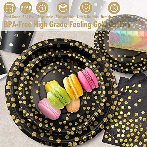 AIRE 175PCS Black and Gold Paper Plates Party Supplies for 25 Guests Disposable Party Decorations Dinnerware Golden Dot Bl...