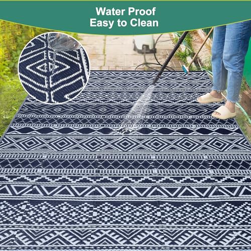 GarveeLife Outdoor Plastic Straw Rug 9x12 Waterproof UV Resistant Foldable Patio Rug Modern Geometric Lightweight Floor Ma...