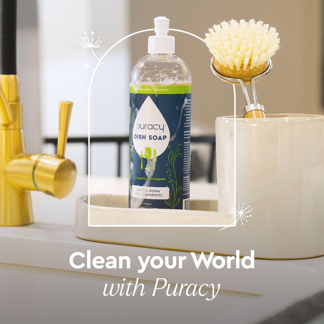 Puracy Natural Dish Soap Refill - Skin-Softening Plant-Based Liquid Dishwashing Detergent Soap, Clean-Rinsing Water-Sheeting Formula (Organic Lemongrass, 48 fl oz)