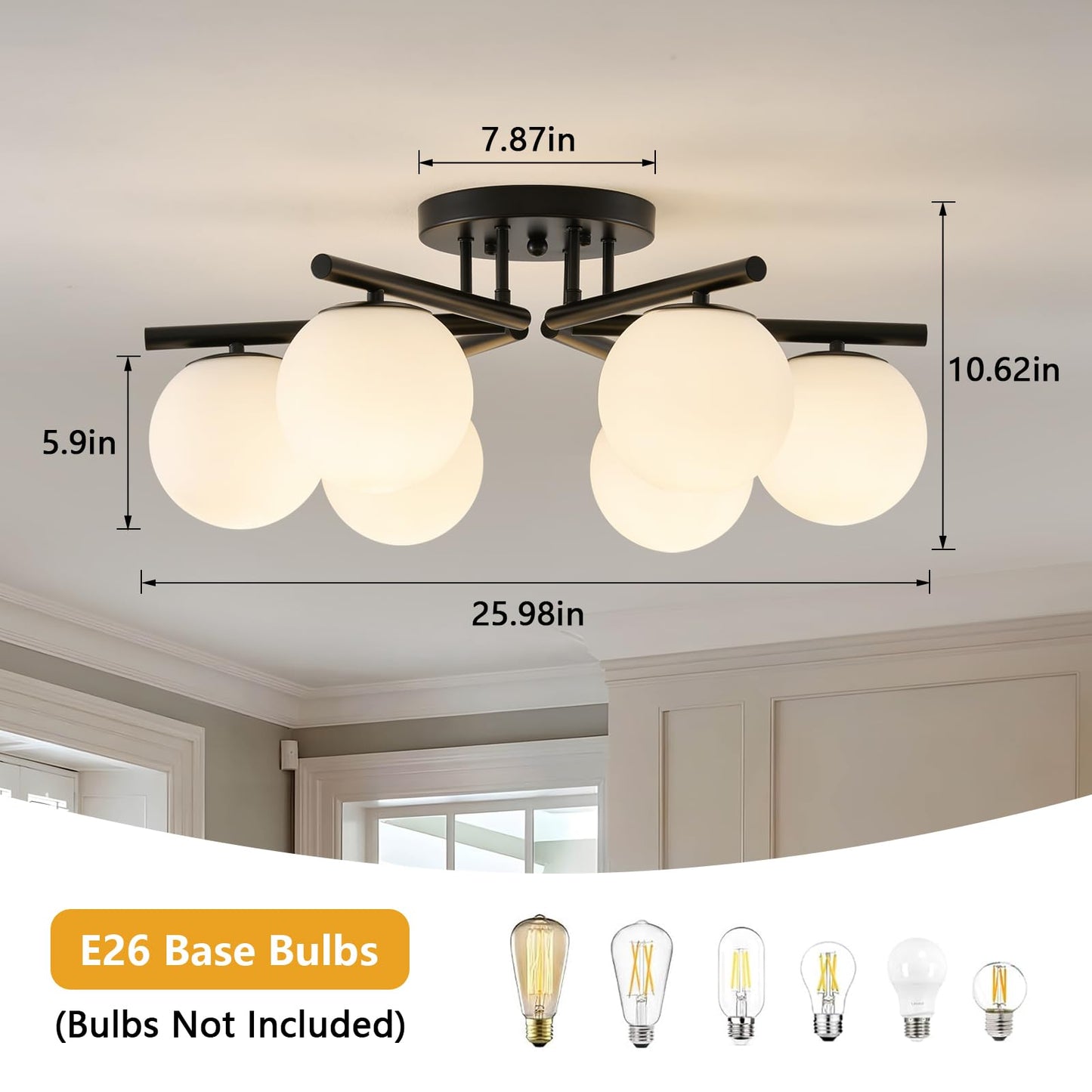 Bsyormak Sputnik Semi Flush Mount Ceiling Light, 6 Globe Lights Sputnik Ceiling Light Fixture, Milk Glass Globe Chandelier for Dining Room, Black Mid Century Modern Chandelier for Living Room, Hallway