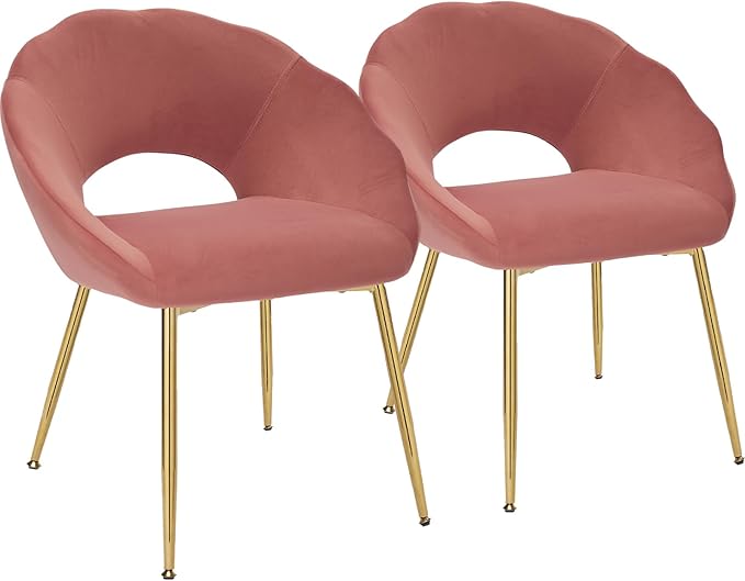 YDcosyfy Modern Small Accent Chair Set of 2, Comfy Velvet Vanity Chair with Shell Back & Golden Metal Legs, Decorative Chair no Wheels for Living Room, Makeup Room, Bedroom, Pink
