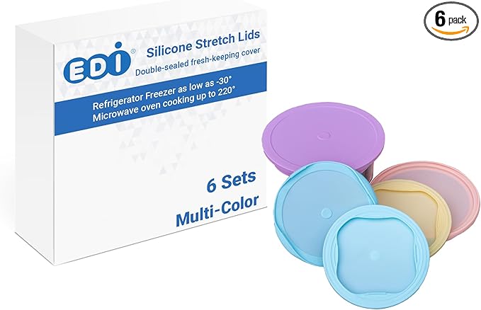 EDI Reusable Silicone Lids - Round Form Fitting, 6 Sizes, Microwave & Freezer Safe, Assorted Colors
