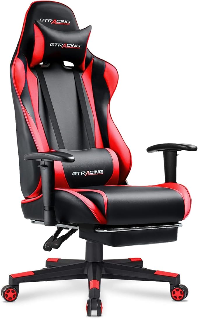 GTPLAYER Gaming Chair with Footrest, Ergonomic Computer Game Desk Chair, Reclining Game Chair Seat Height Adjustment, Swivel Rocker with Headrest and Lumbar (Red)