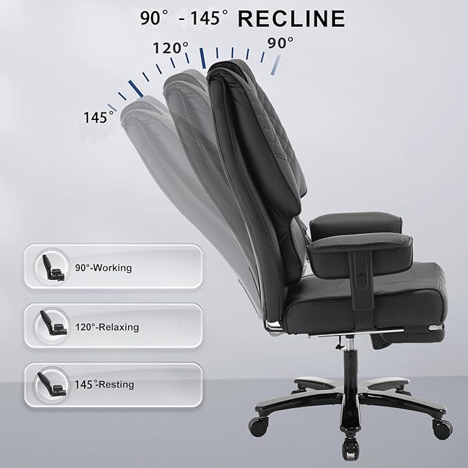500lb Big and Tall Office Chair, Reclining Office Chairs with Footrest, High Back Leather Executive Computer Chair with Wheels Recliner Home Desk Chairs with Lumbar Support for Heavy People,Black