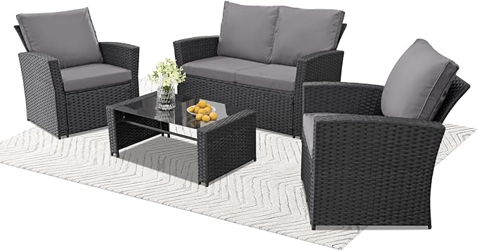 FHFO 4 Piece Outdoor Patio Furniture Set,Wicker Conversation Sets Outdoor Sectional Patio Sofa Couch with Cushions & Coffee Table for Outside, Garden, Balcony, Porch,Black/Grey