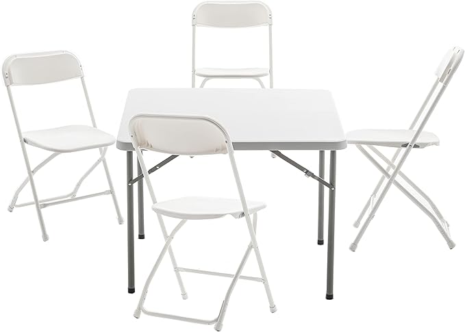 BTEXPERT 5 Piece Folding Card Table Portable and Chair Set, 34" Square Granite White Plastic Table 4 Adult Chairs for Boar...