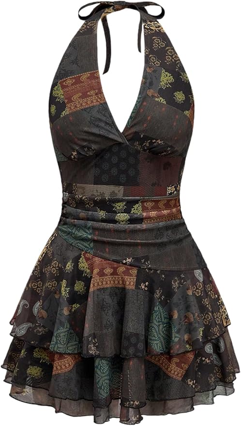 SOLY HUX Women's Vintage Halter Deep V Neck Ruffle Mini Dress Layered Flowy Sundresses Festival Rave Outfits