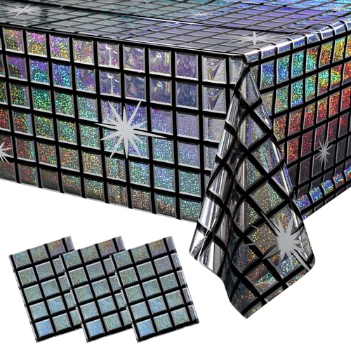 FunnyPars 3 Pack Disco Tablecloth Party Decorations, Shiny Iridescent Disposable Laser Rectangle Table Covers, Silver Plas...