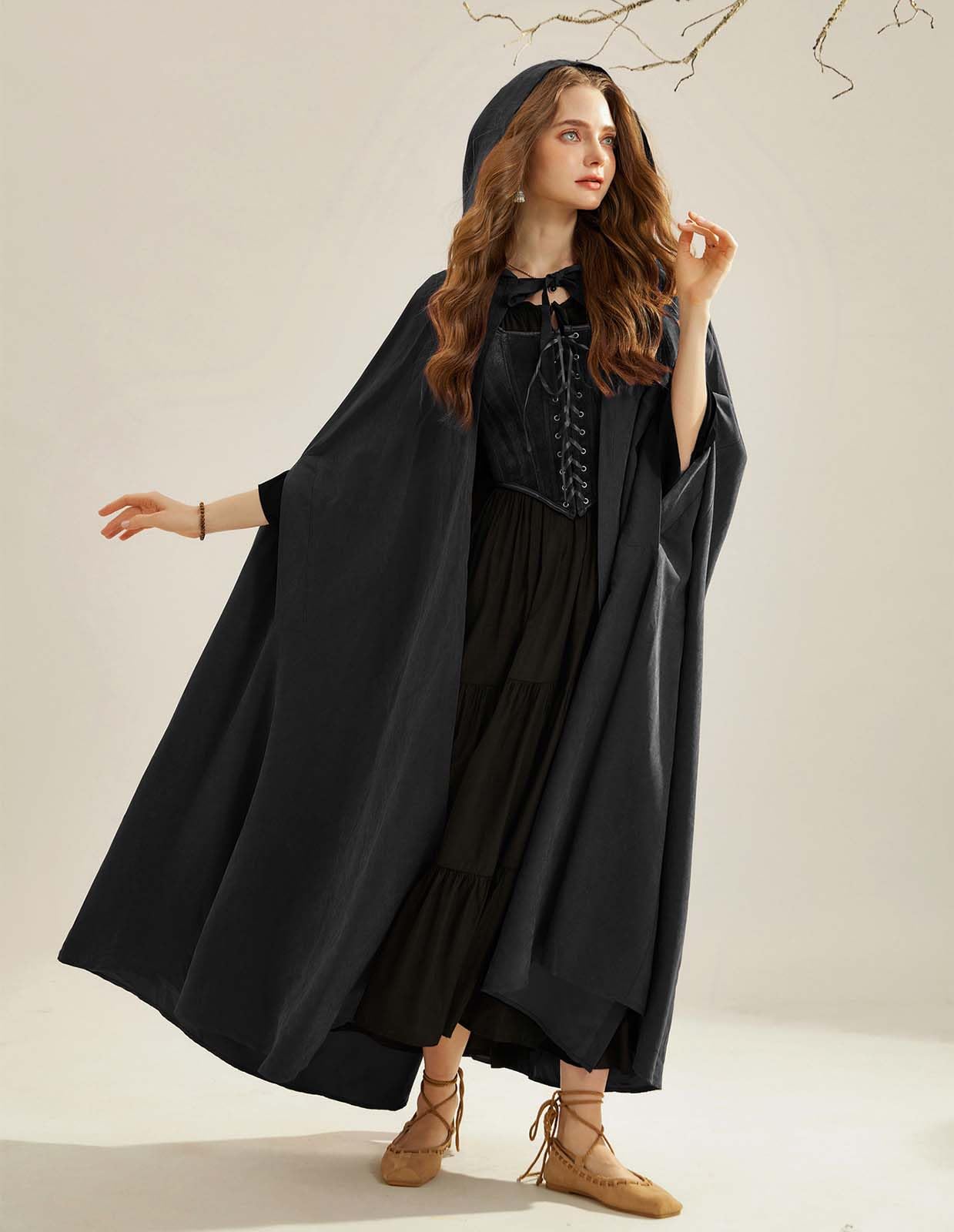 Scarlet Darkness Women Renaissance Hooded Cape Medieval Cloak Hobbit Halloween Costume Black