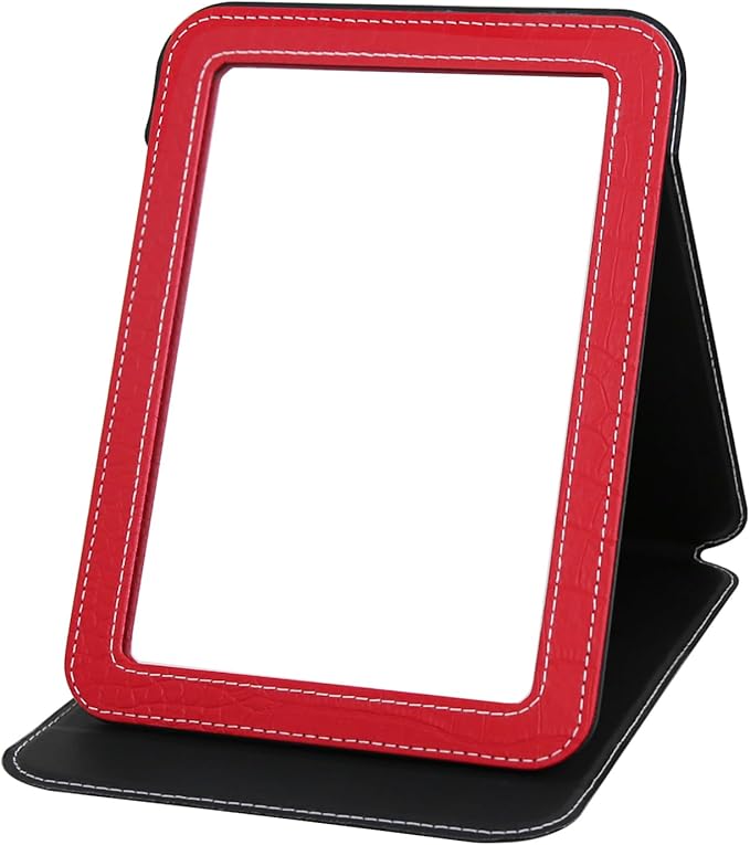 Red Foldable Desk Mirror, 5.3×6.9” Adjustable Angle Rounded Rectangle PU Edge Covering Travel Mirror with Stand (MRed)